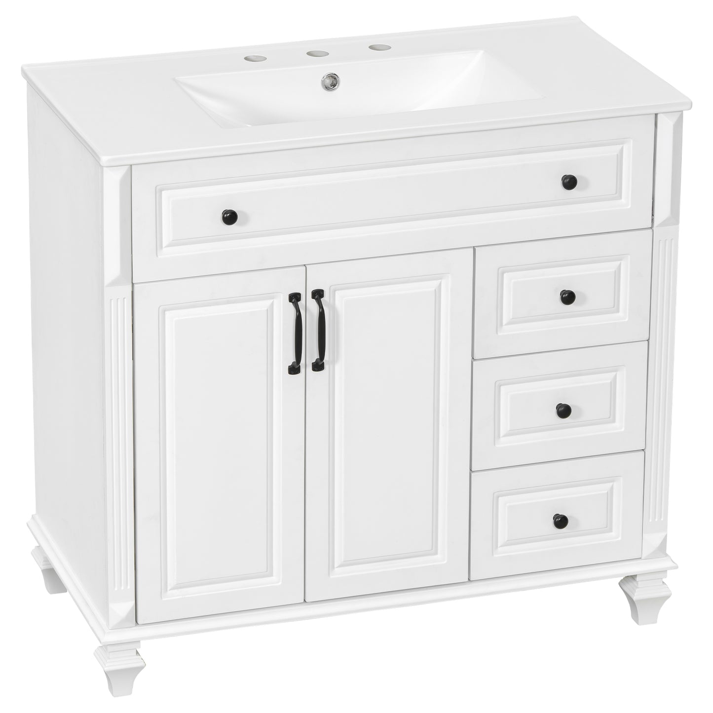 VanityFus 36-in White Bathroom Vanity Single Sink Combo Ceramic Top 2 doors 3 drawers Undermount
