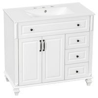 VanityFus 36-in White Bathroom Vanity Single Sink Combo Ceramic Top 2 doors 3 drawers Undermount