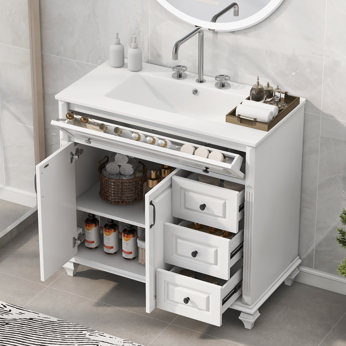 VanityFus 36-in White Bathroom Vanity Single Sink Combo Ceramic Top 2 doors 3 drawers Undermount