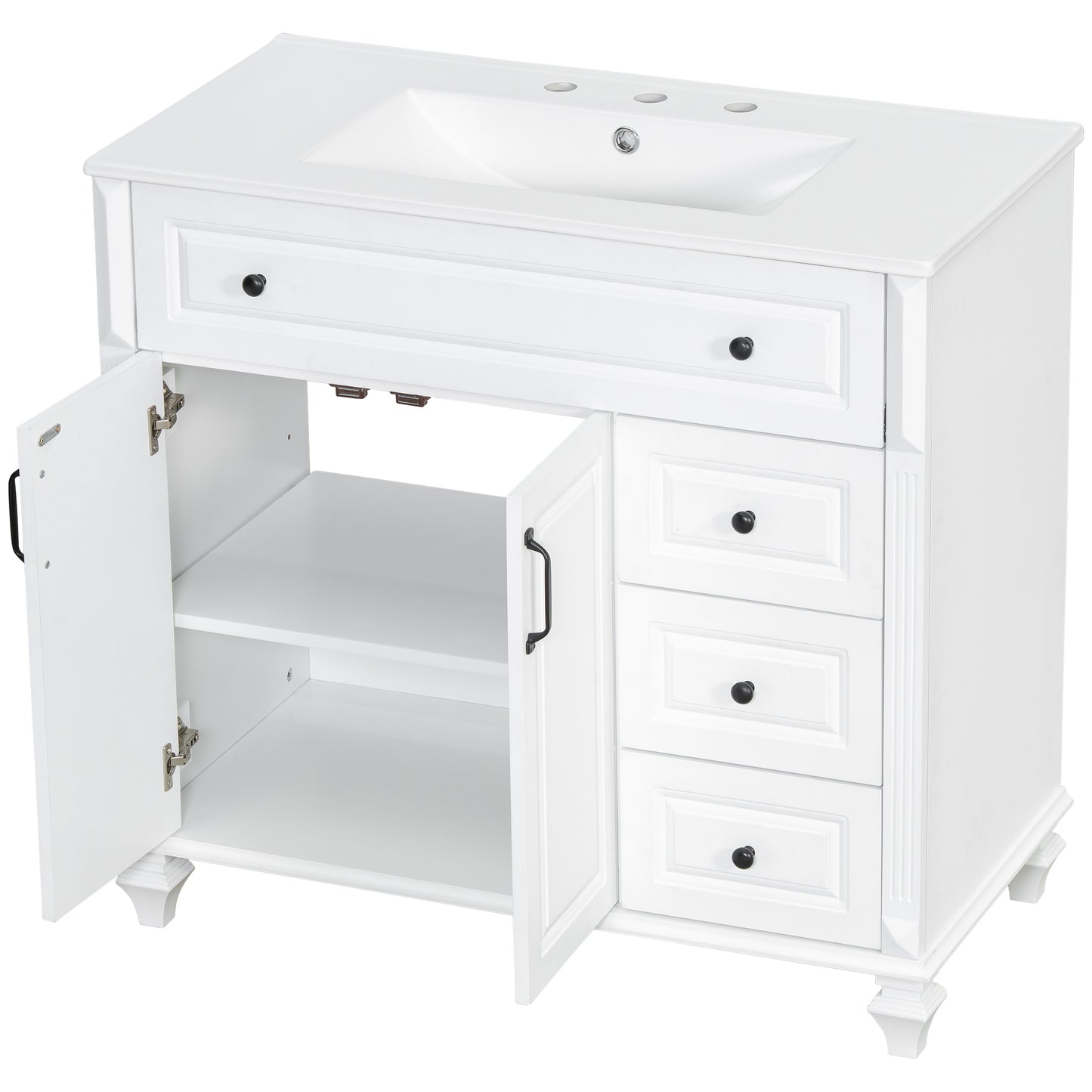 VanityFus 36-in White Bathroom Vanity Single Sink Combo Ceramic Top 2 doors 3 drawers Undermount