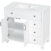 VanityFus 36-in White Bathroom Vanity Single Sink Combo Ceramic Top 2 doors 3 drawers Undermount