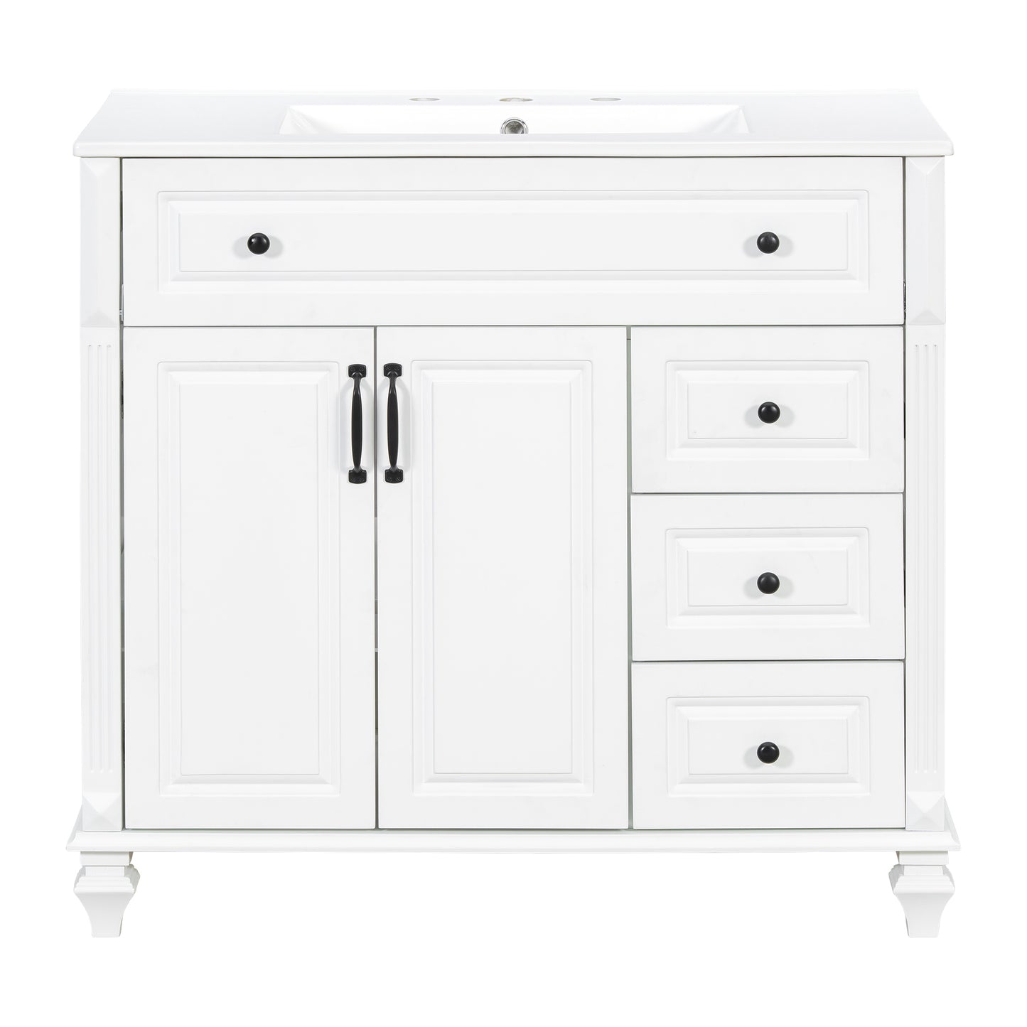 VanityFus 36-in White Bathroom Vanity Single Sink Combo Ceramic Top 2 doors 3 drawers Undermount