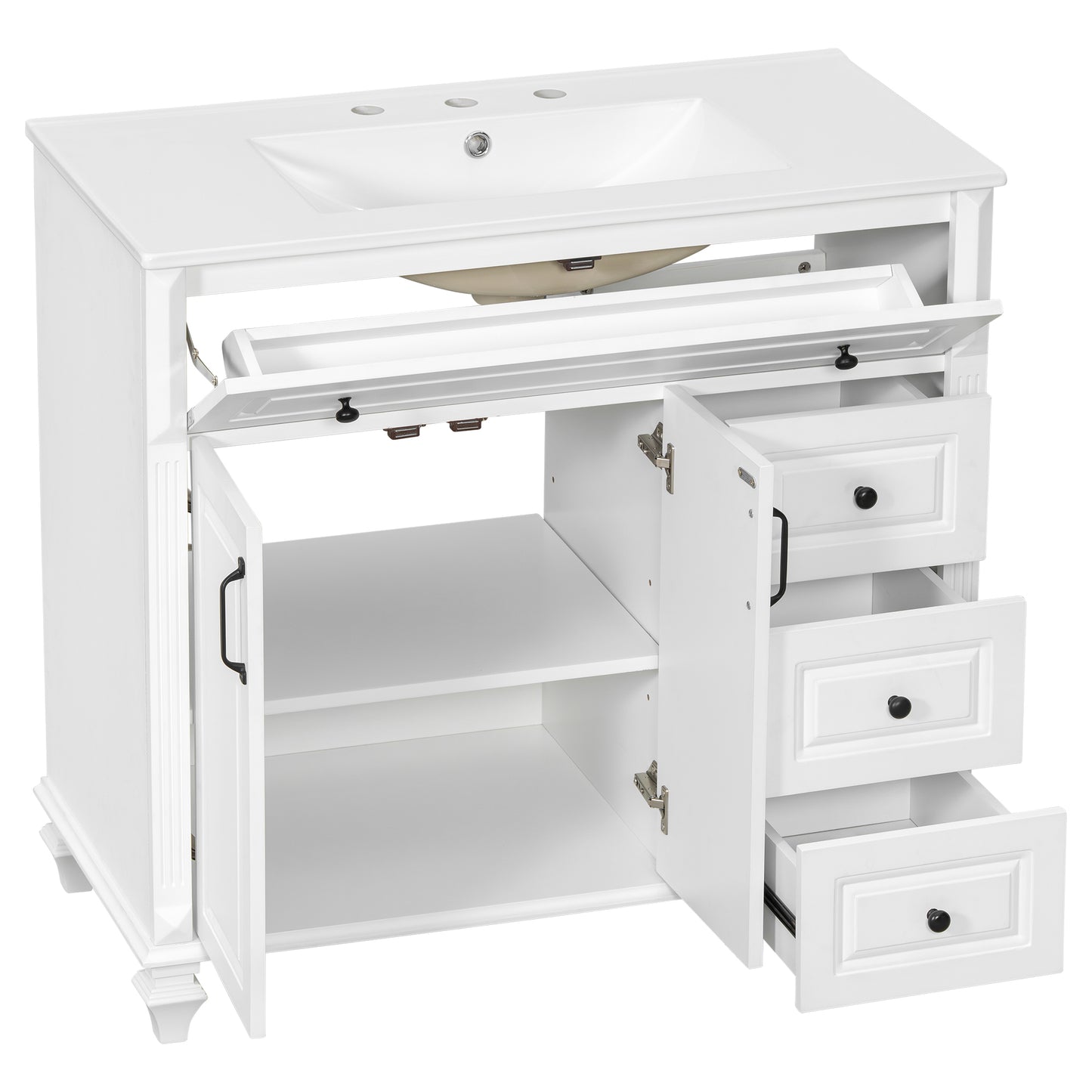 VanityFus 36-in White Bathroom Vanity Single Sink Combo Ceramic Top 2 doors 3 drawers Undermount