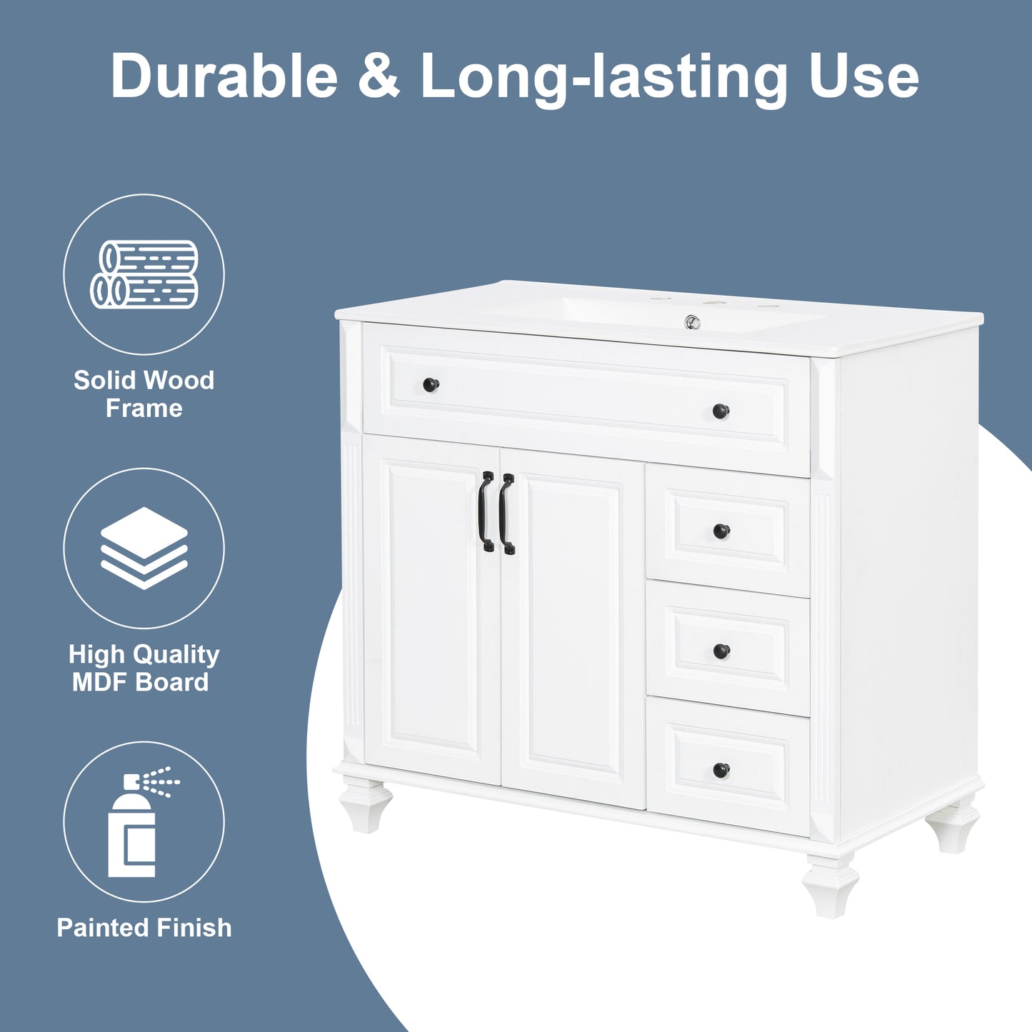VanityFus 36-in White Bathroom Vanity Single Sink Combo Ceramic Top 2 doors 3 drawers Undermount