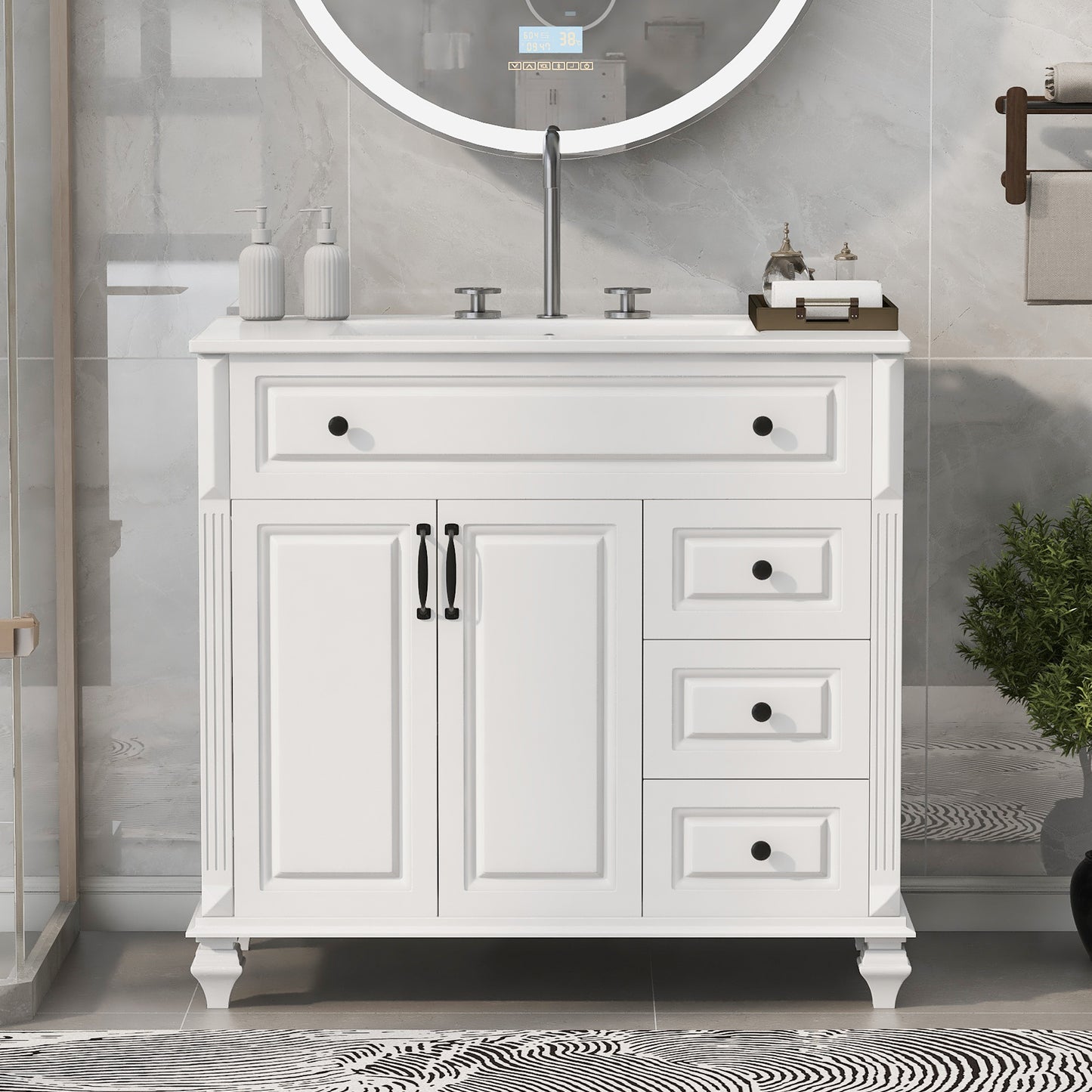 VanityFus 36-in White Bathroom Vanity Single Sink Combo Ceramic Top 2 doors 3 drawers Undermount