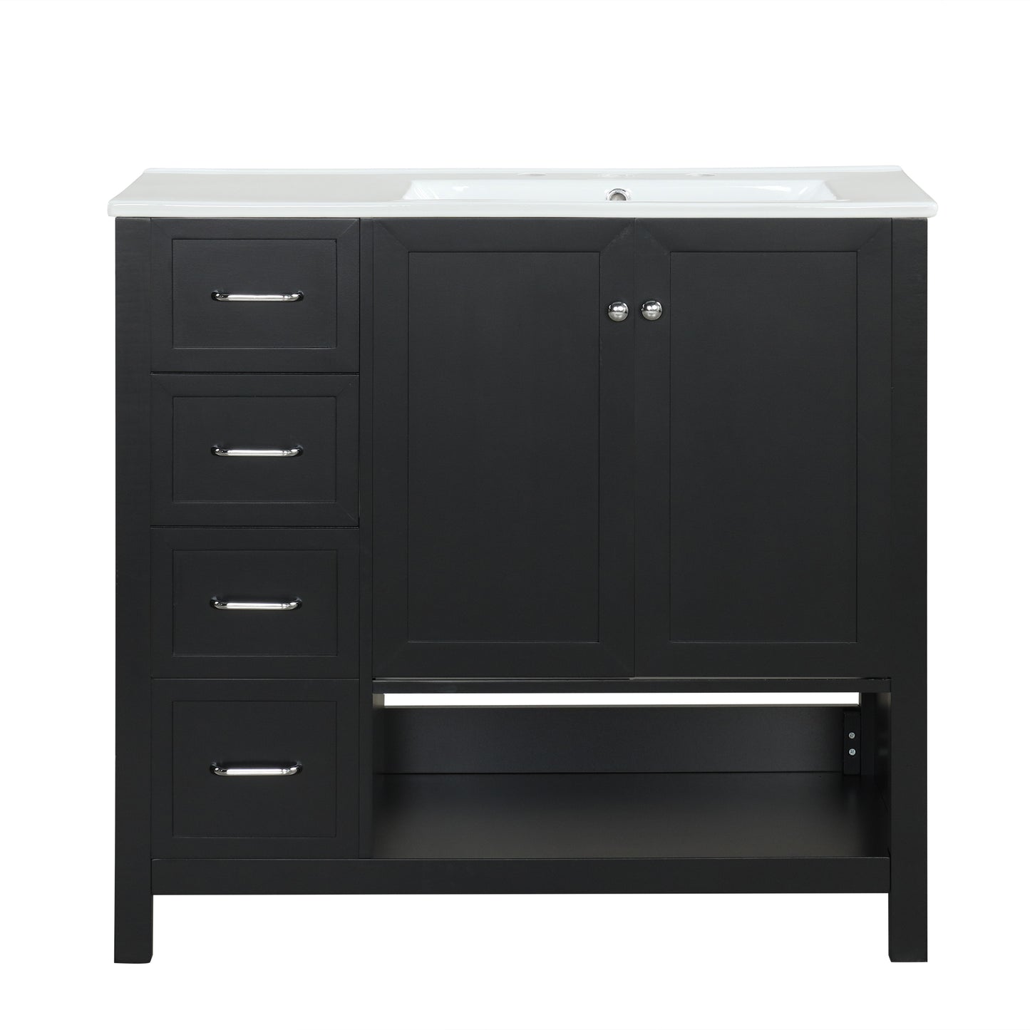 VanityFus 36-in Black Bathroom Vanity Single Sink Combo Ceramic Top 2 doors 2 drawers Undermount