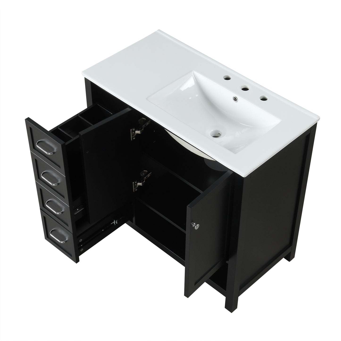 VanityFus 36-in Black Bathroom Vanity Single Sink Combo Ceramic Top 2 doors 2 drawers Undermount