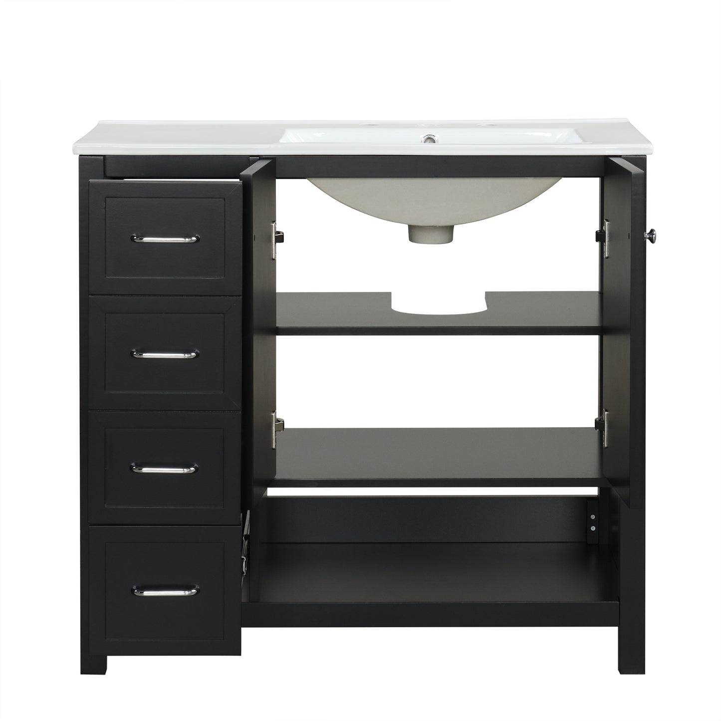 VanityFus 36-in Black Bathroom Vanity Single Sink Combo Ceramic Top 2 doors 2 drawers Undermount