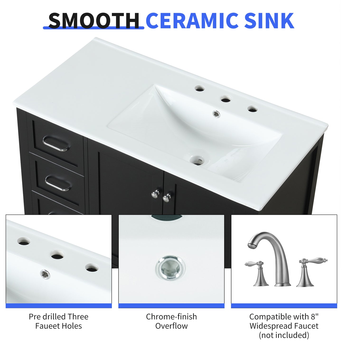 VanityFus 36-in Black Bathroom Vanity Single Sink Combo Ceramic Top 2 doors 2 drawers Undermount