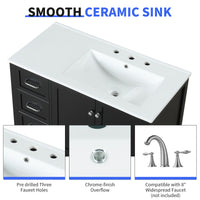 VanityFus 36-in Black Bathroom Vanity Single Sink Combo Ceramic Top 2 doors 2 drawers Undermount