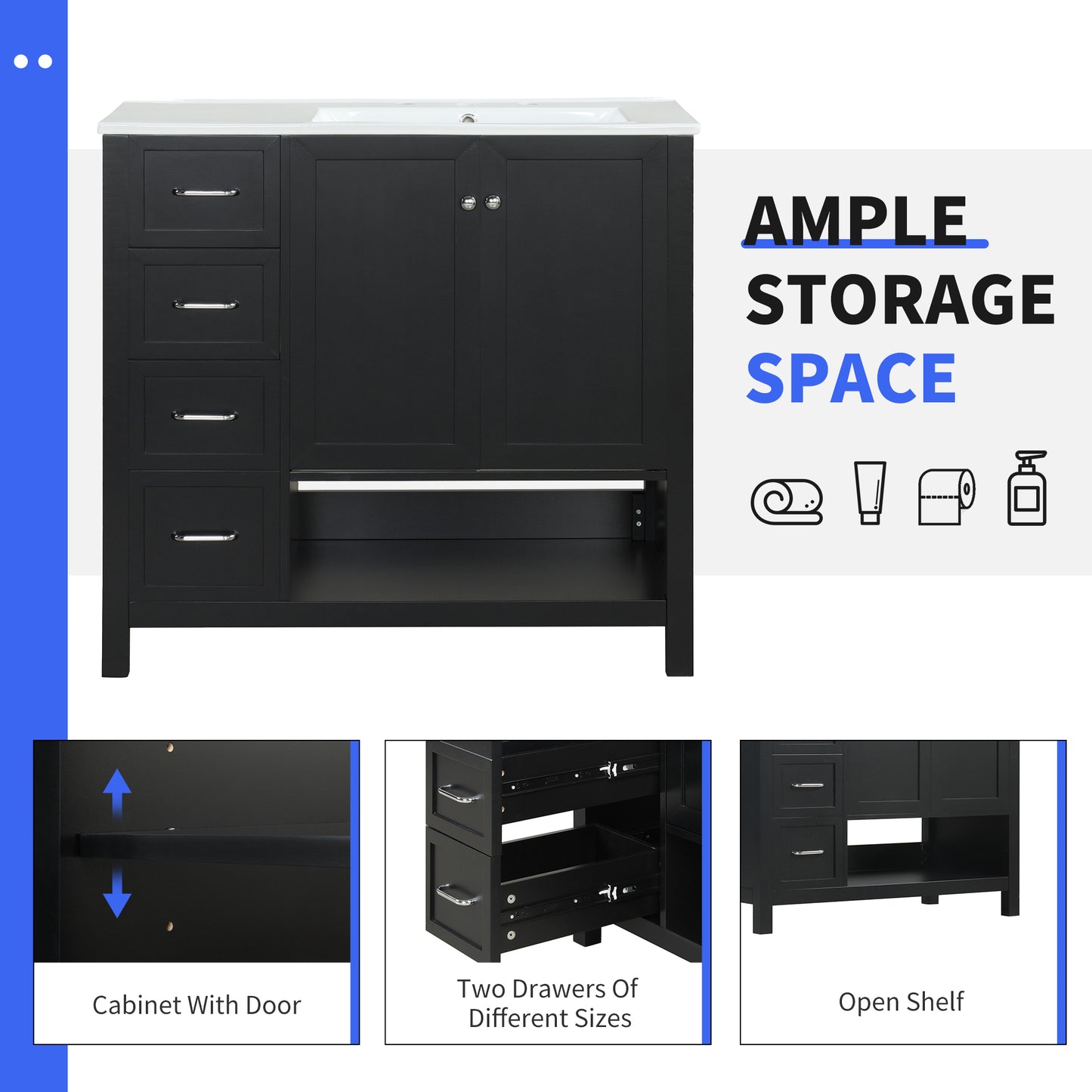 VanityFus 36-in Black Bathroom Vanity Single Sink Combo Ceramic Top 2 doors 2 drawers Undermount