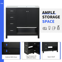 VanityFus 36-in Black Bathroom Vanity Single Sink Combo Ceramic Top 2 doors 2 drawers Undermount