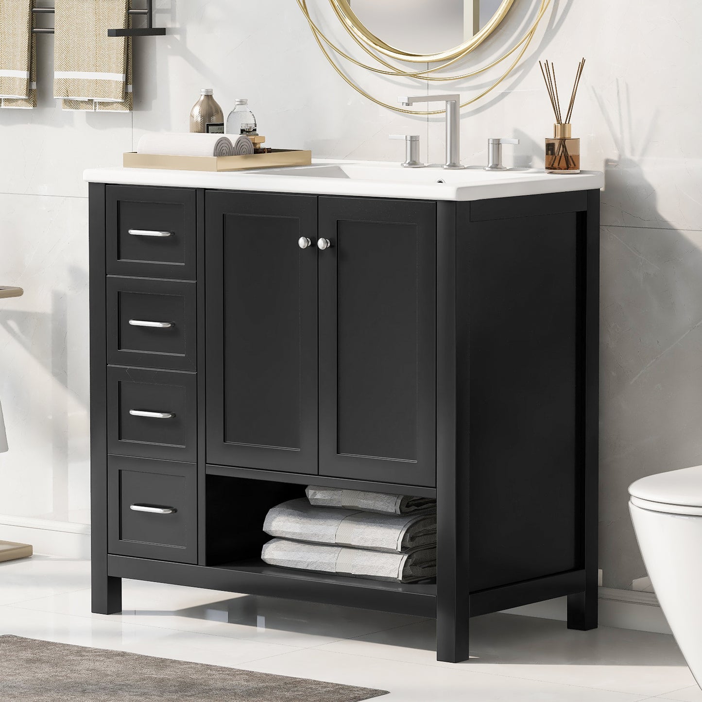 VanityFus 36-in Black Bathroom Vanity Single Sink Combo Ceramic Top 2 doors 2 drawers Undermount