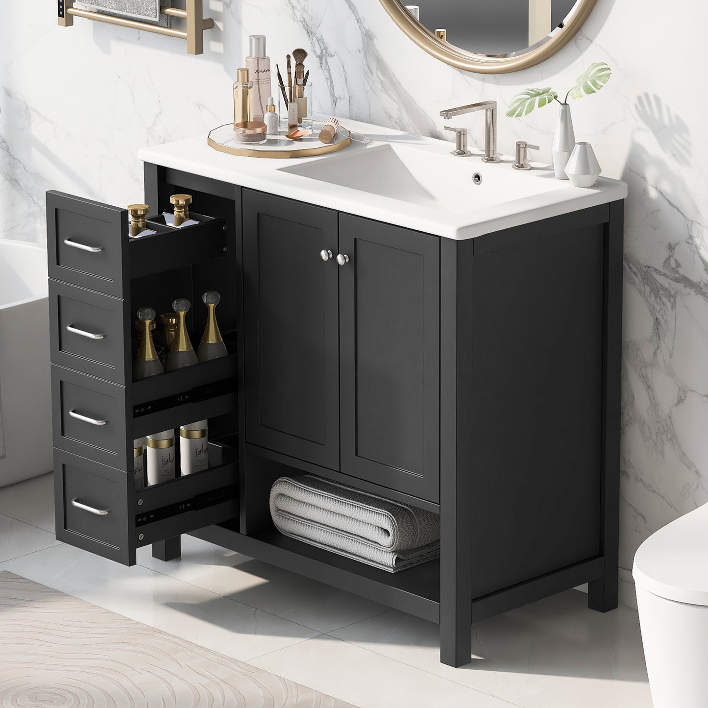 VanityFus 36-in Black Bathroom Vanity Single Sink Combo Ceramic Top 2 doors 2 drawers Undermount