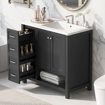 VanityFus 36-in Black Bathroom Vanity Single Sink Combo Ceramic Top 2 doors 2 drawers Undermount