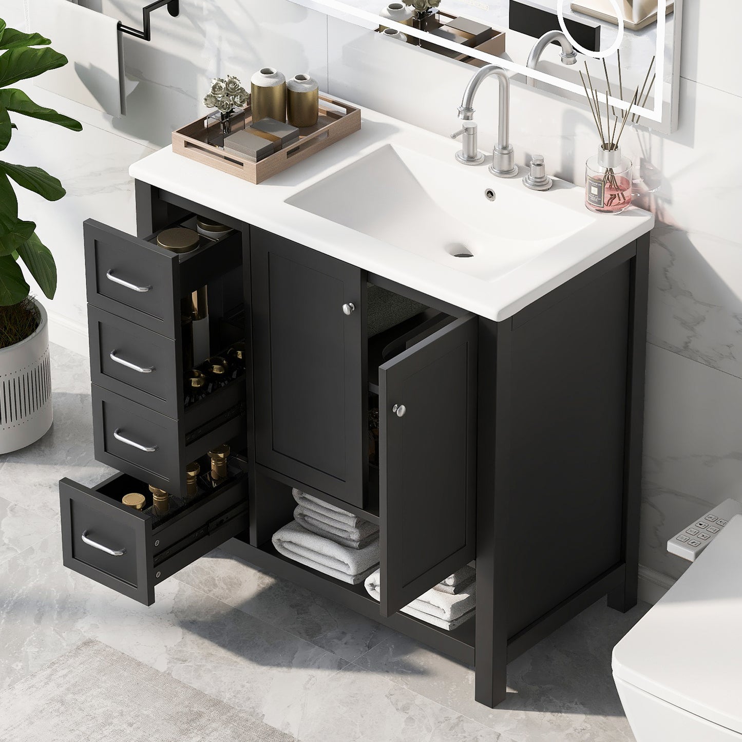 VanityFus 36-in Black Bathroom Vanity Single Sink Combo Ceramic Top 2 doors 2 drawers Undermount