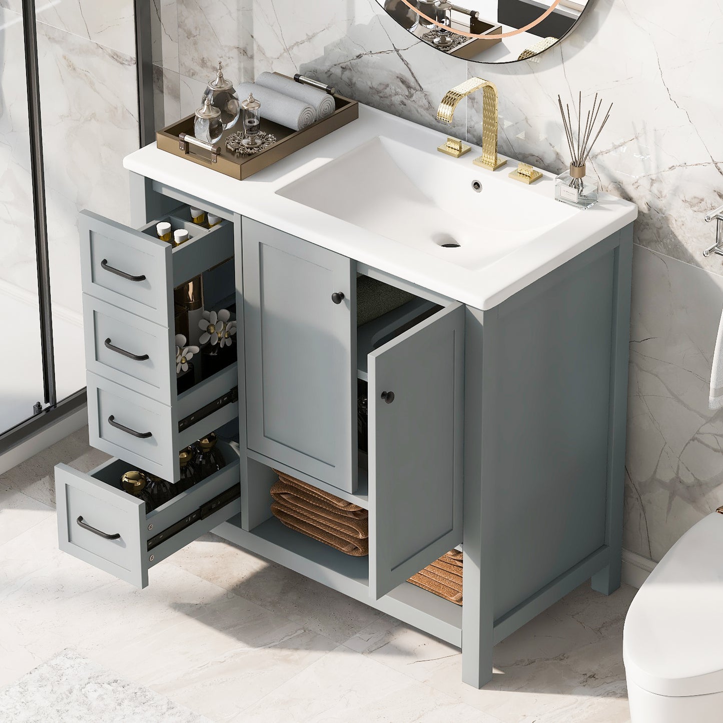 VanityFus 36-in Bathroom Vanity Gray Single Sink Combo with Ceramic Top 2 Doors 2 Drawers Adjustable Shelves