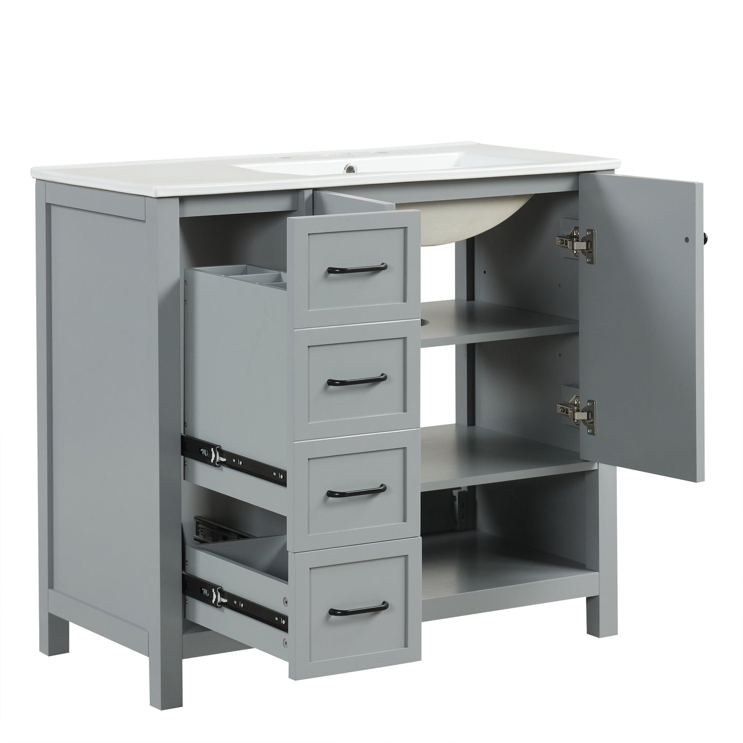 VanityFus 36-in Bathroom Vanity Gray Single Sink Combo with Ceramic Top 2 Doors 2 Drawers Adjustable Shelves