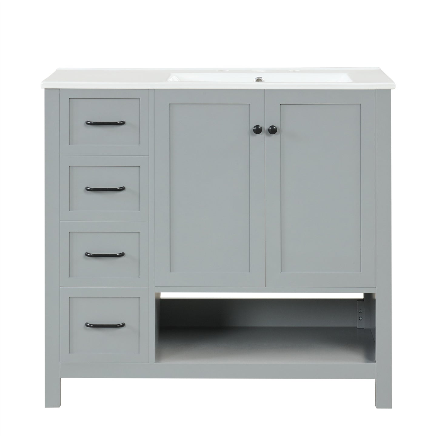 VanityFus 36-in Bathroom Vanity Gray Single Sink Combo with Ceramic Top 2 Doors 2 Drawers Adjustable Shelves