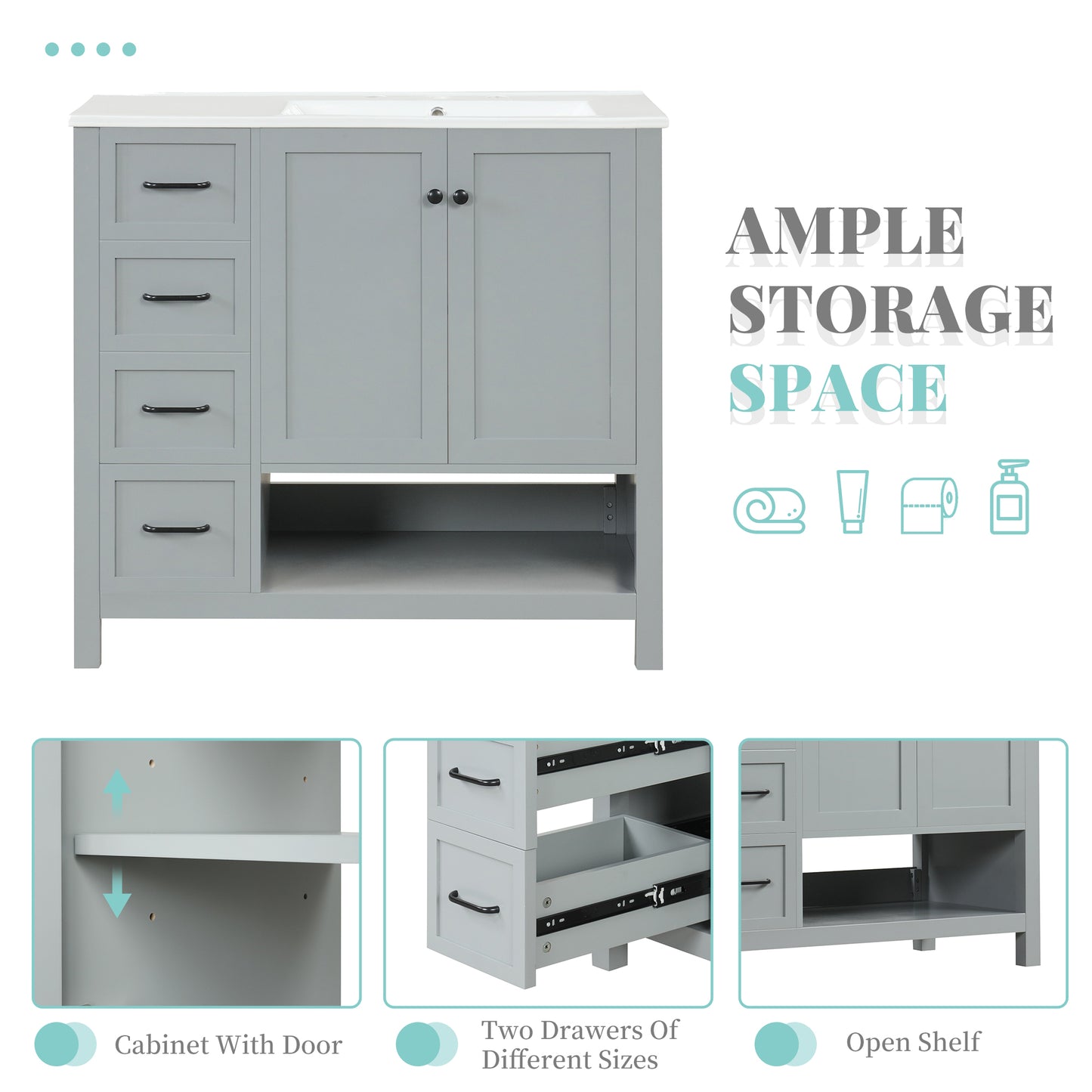 VanityFus 36-in Bathroom Vanity Gray Single Sink Combo with Ceramic Top 2 Doors 2 Drawers Adjustable Shelves