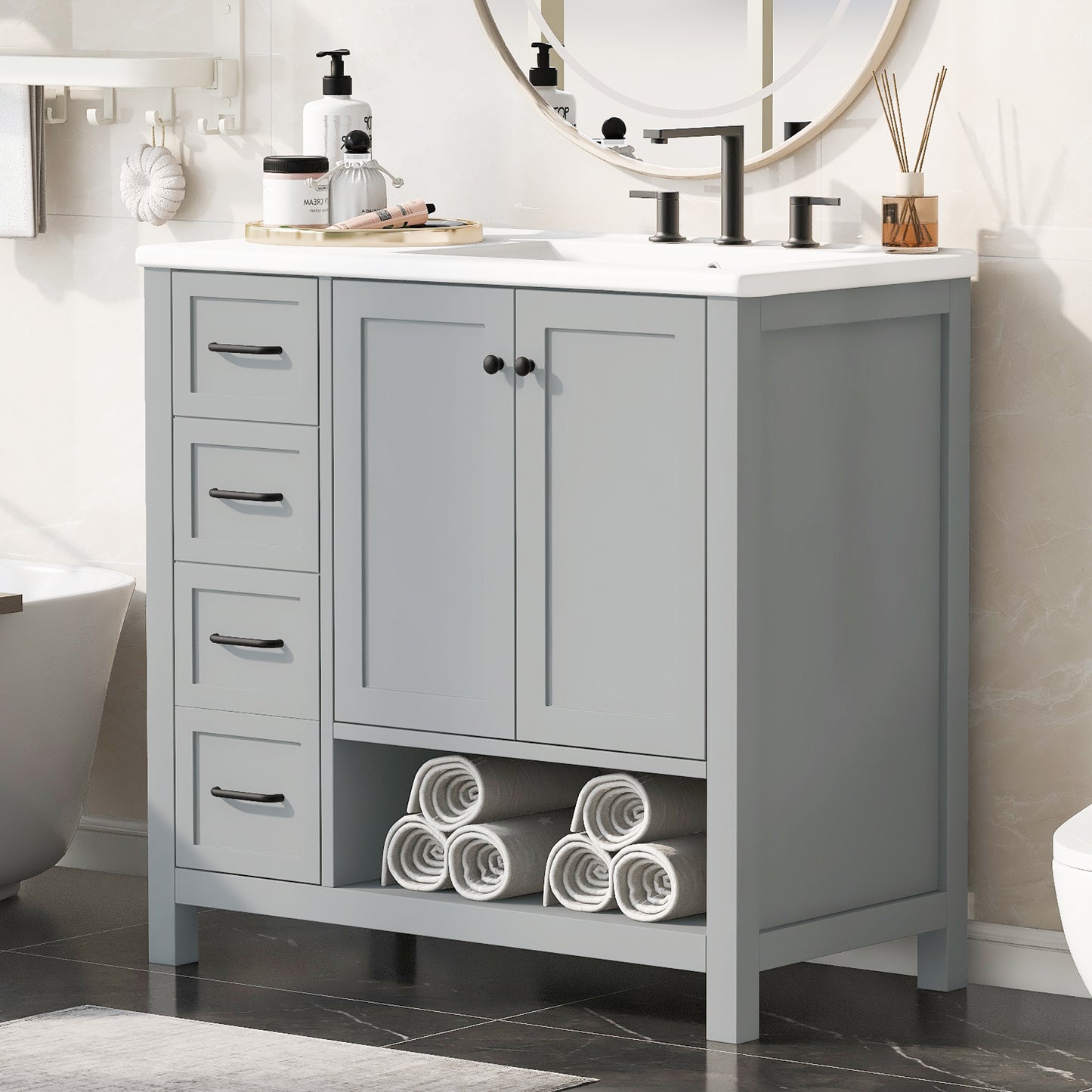 VanityFus 36-in Bathroom Vanity Gray Single Sink Combo with Ceramic Top 2 Doors 2 Drawers Adjustable Shelves