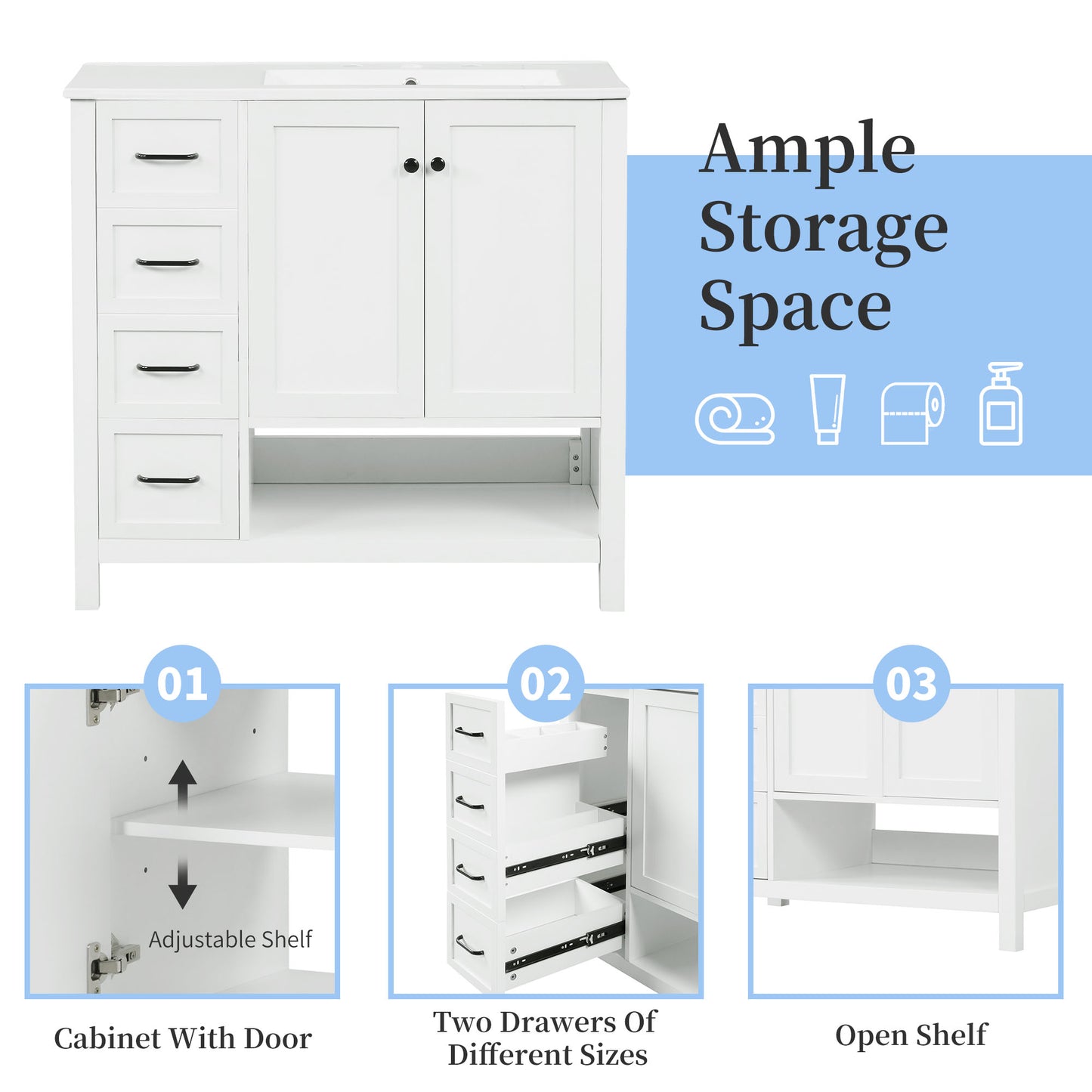 VanityFus 36-in Bathroom Vanity White Single Sink Combo with Ceramic Top 2 Doors 2 Drawers Adjustable Shelves