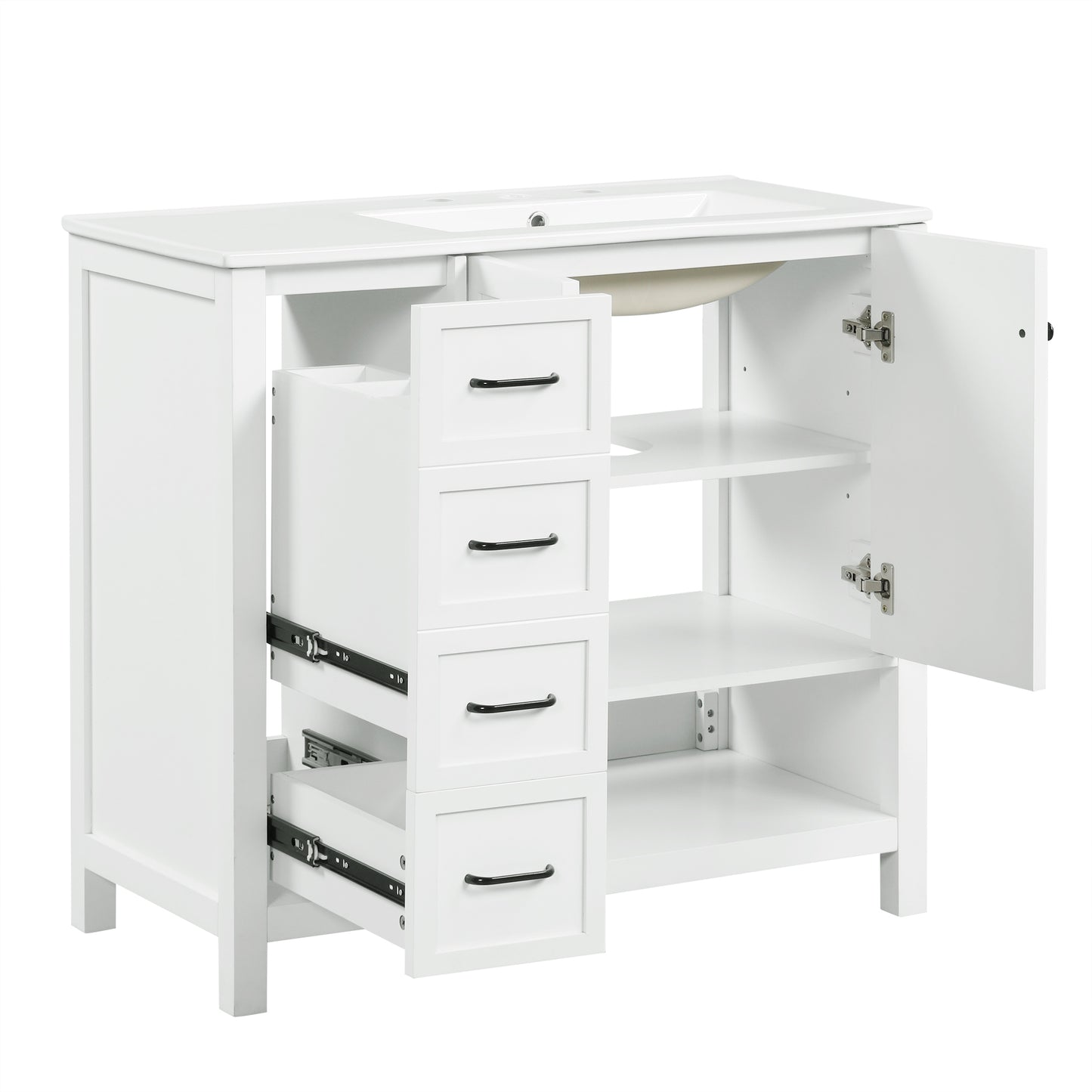 VanityFus 36-in Bathroom Vanity White Single Sink Combo with Ceramic Top 2 Doors 2 Drawers Adjustable Shelves