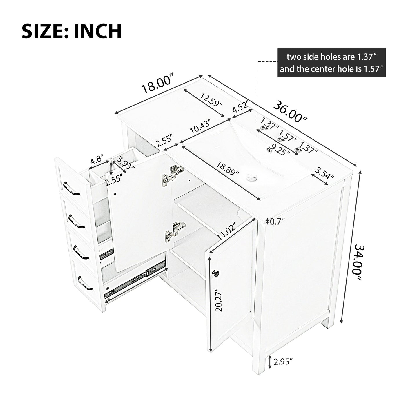 VanityFus 36-in Bathroom Vanity White Single Sink Combo with Ceramic Top 2 Doors 2 Drawers Adjustable Shelves