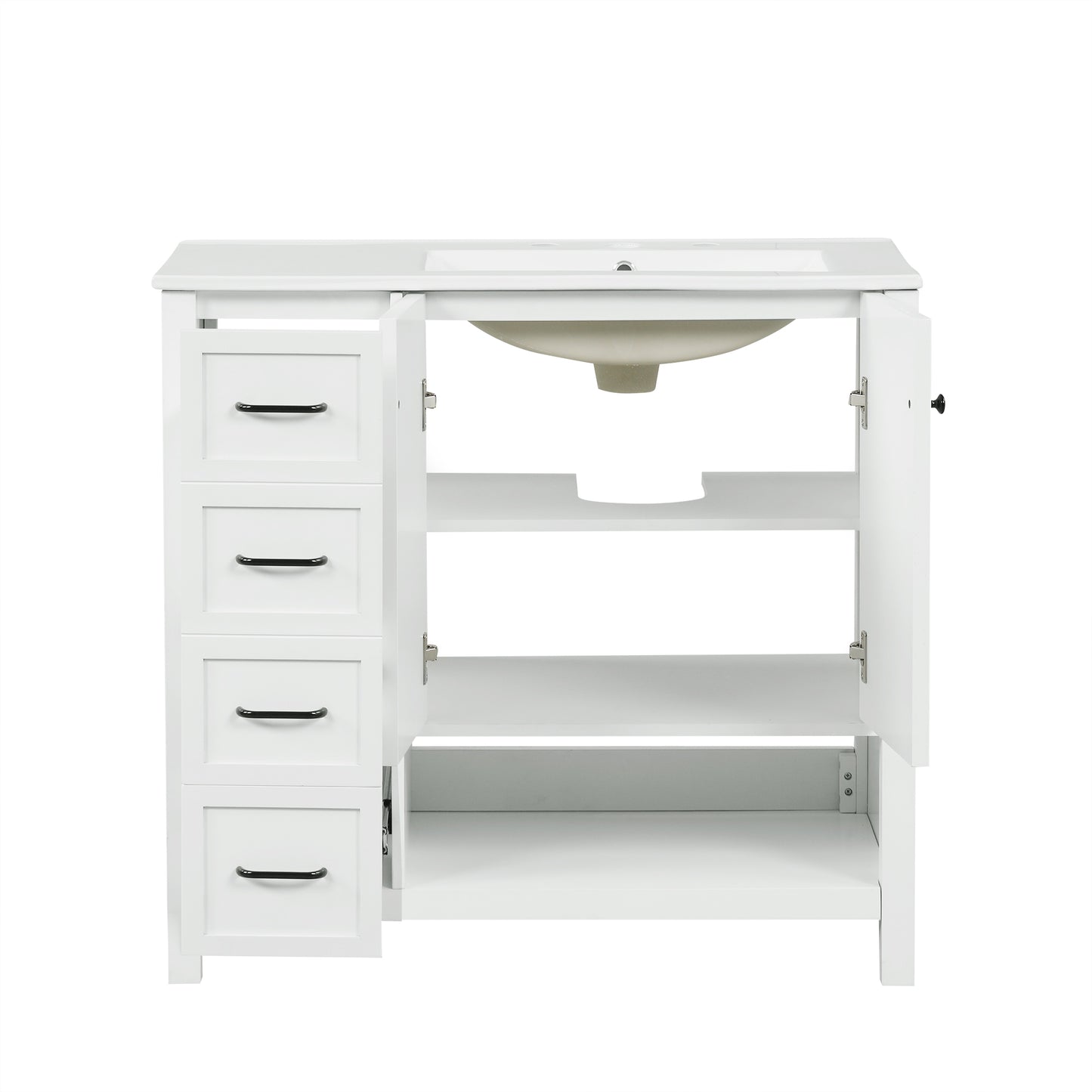 VanityFus 36-in Bathroom Vanity White Single Sink Combo with Ceramic Top 2 Doors 2 Drawers Adjustable Shelves