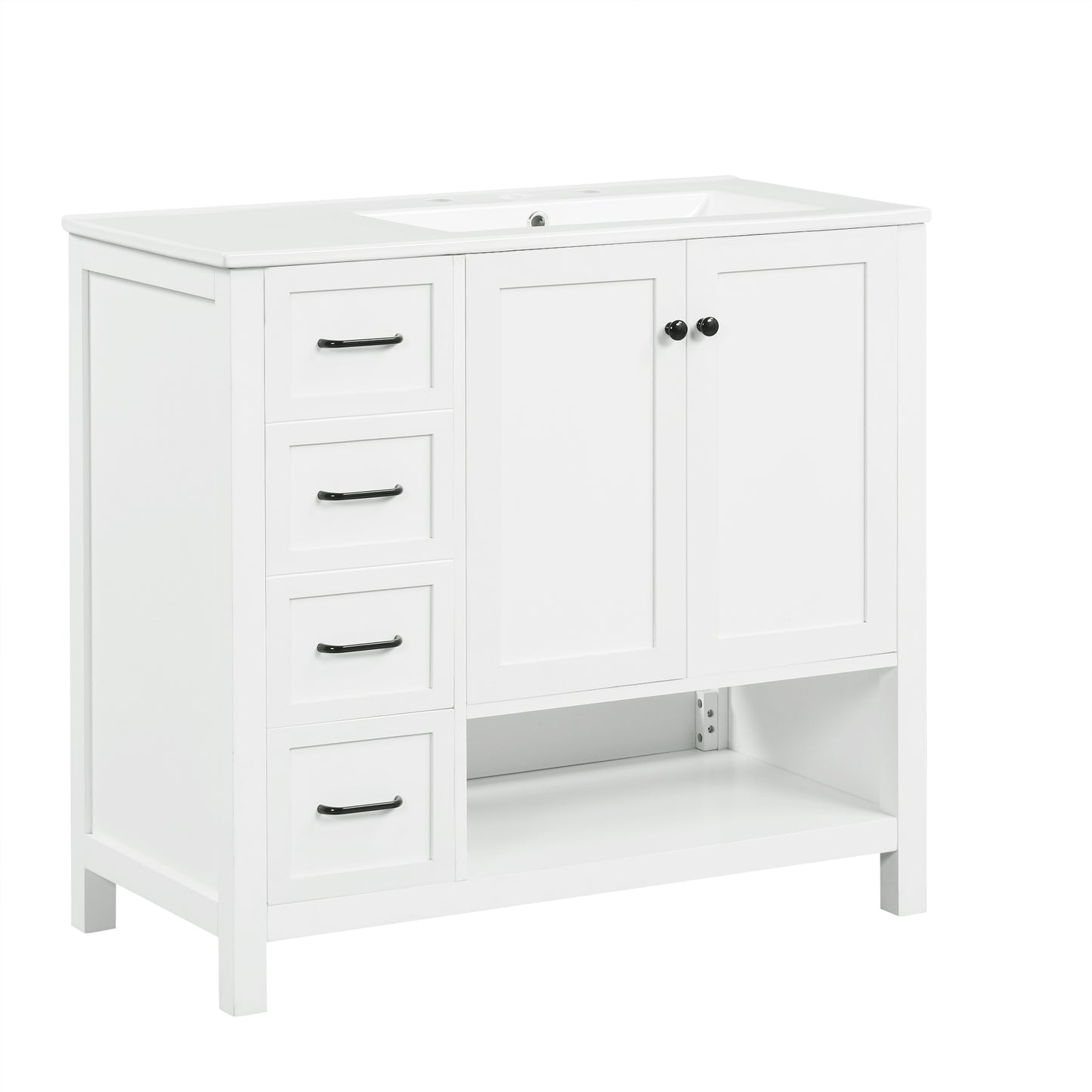 VanityFus 36-in Bathroom Vanity White Single Sink Combo with Ceramic Top 2 Doors 2 Drawers Adjustable Shelves