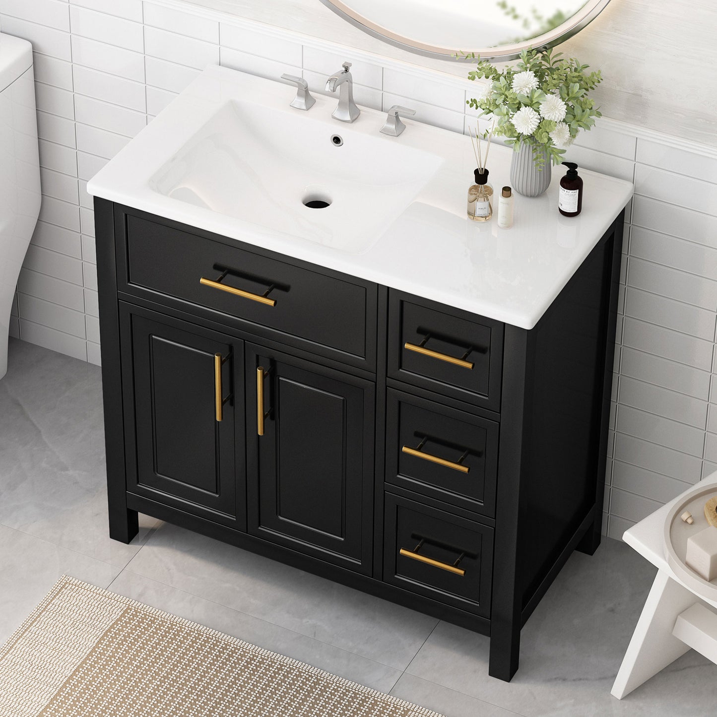 VanityFus 36-in Bathroom Vanity Black Single Sink Combo with Ceramic Top 2 Doors 3 Drawers