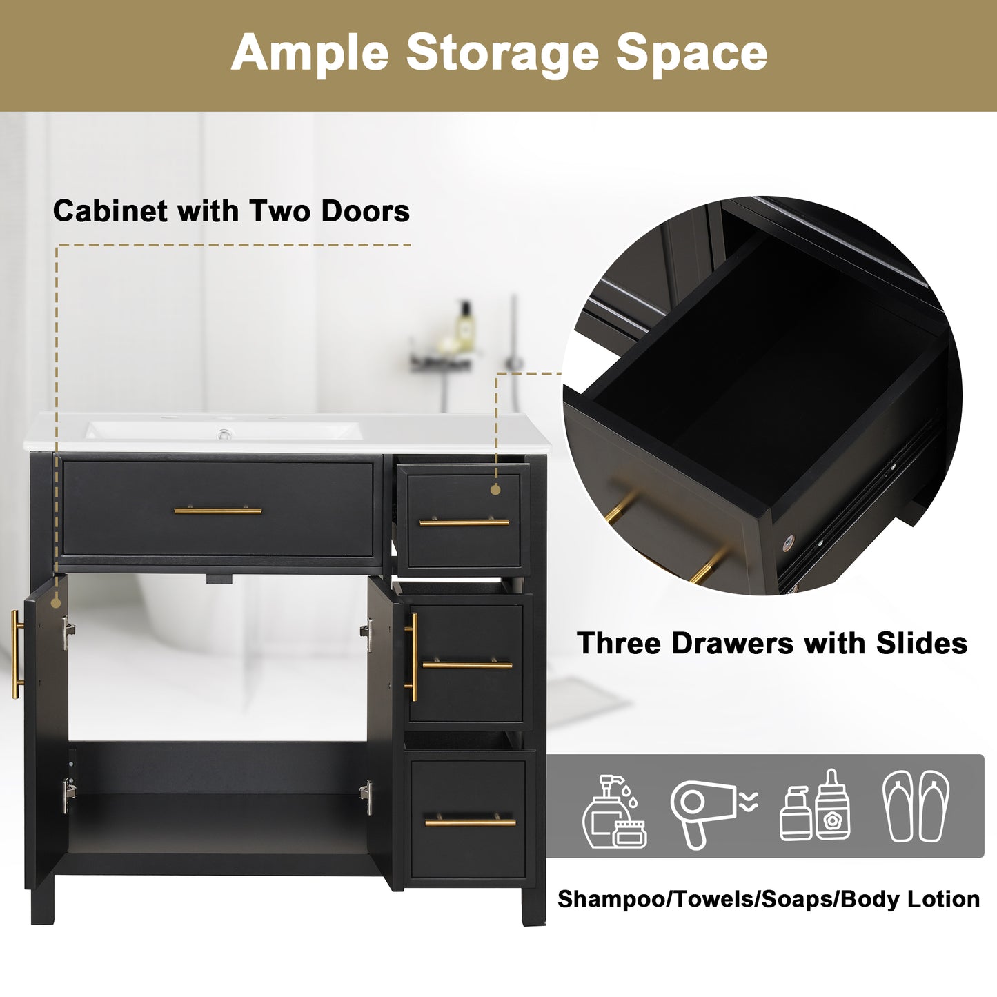 VanityFus 36-in Bathroom Vanity Black Single Sink Combo with Ceramic Top 2 Doors 3 Drawers