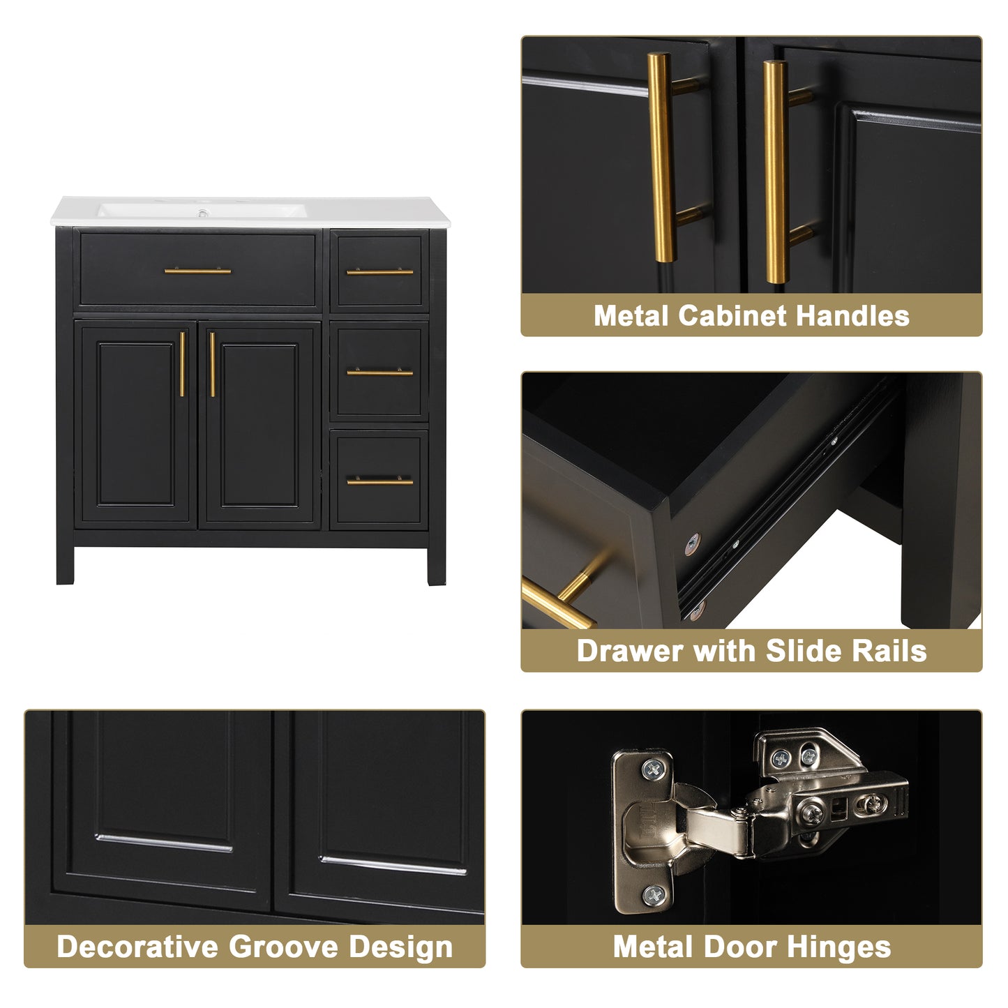 VanityFus 36-in Bathroom Vanity Black Single Sink Combo with Ceramic Top 2 Doors 3 Drawers