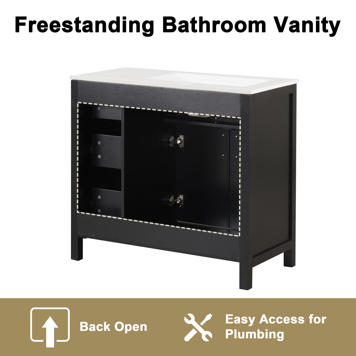 VanityFus 36-in Bathroom Vanity Black Single Sink Combo with Ceramic Top 2 Doors 3 Drawers