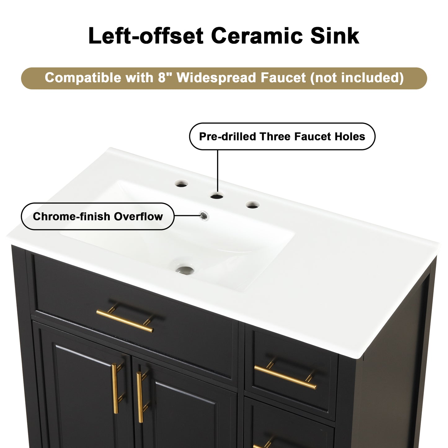 VanityFus 36-in Bathroom Vanity Black Single Sink Combo with Ceramic Top 2 Doors 3 Drawers