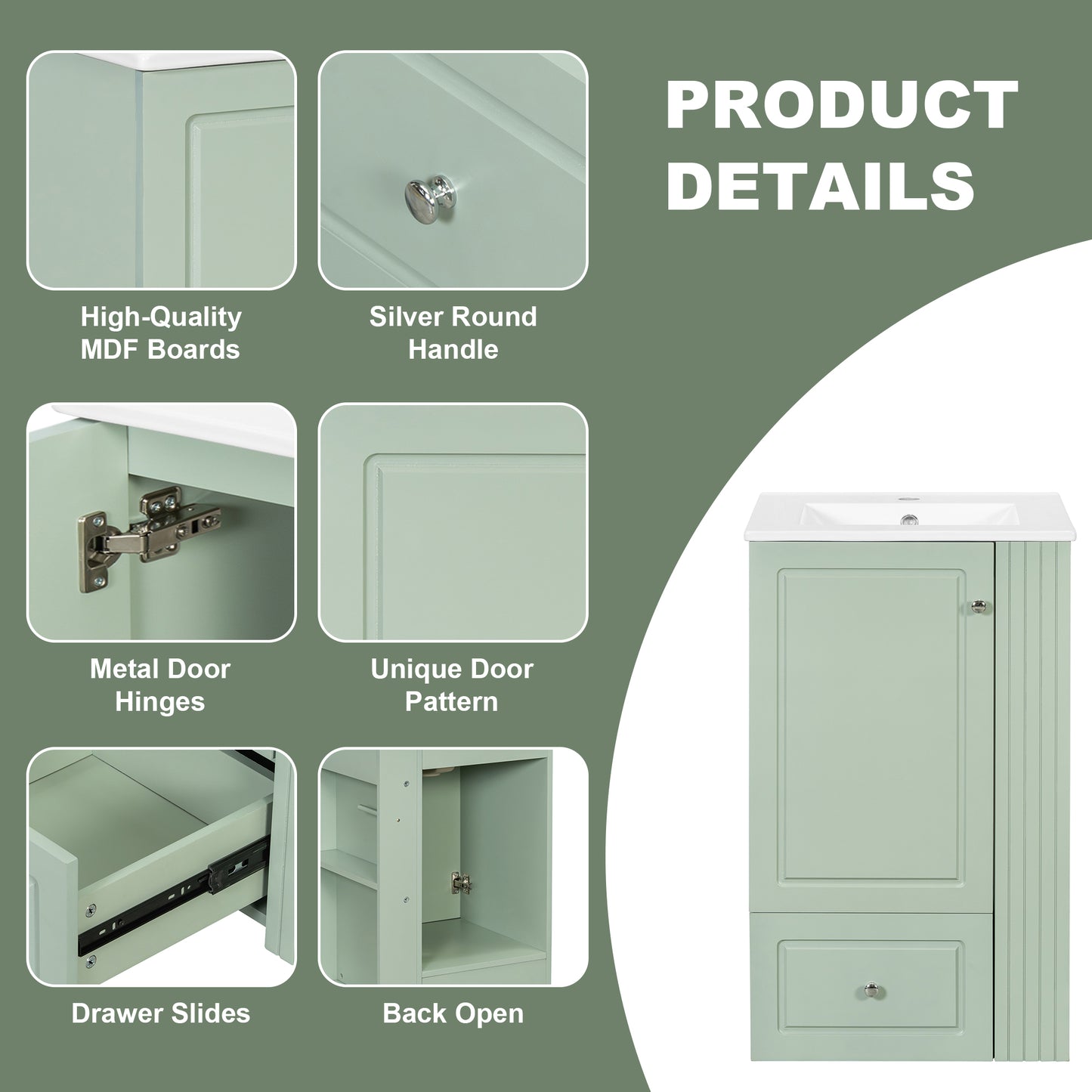 VanityFus 20-in Bathroom Vanity Green Single Sink Combo with Ceramic Top 1 Door 1 Drawer