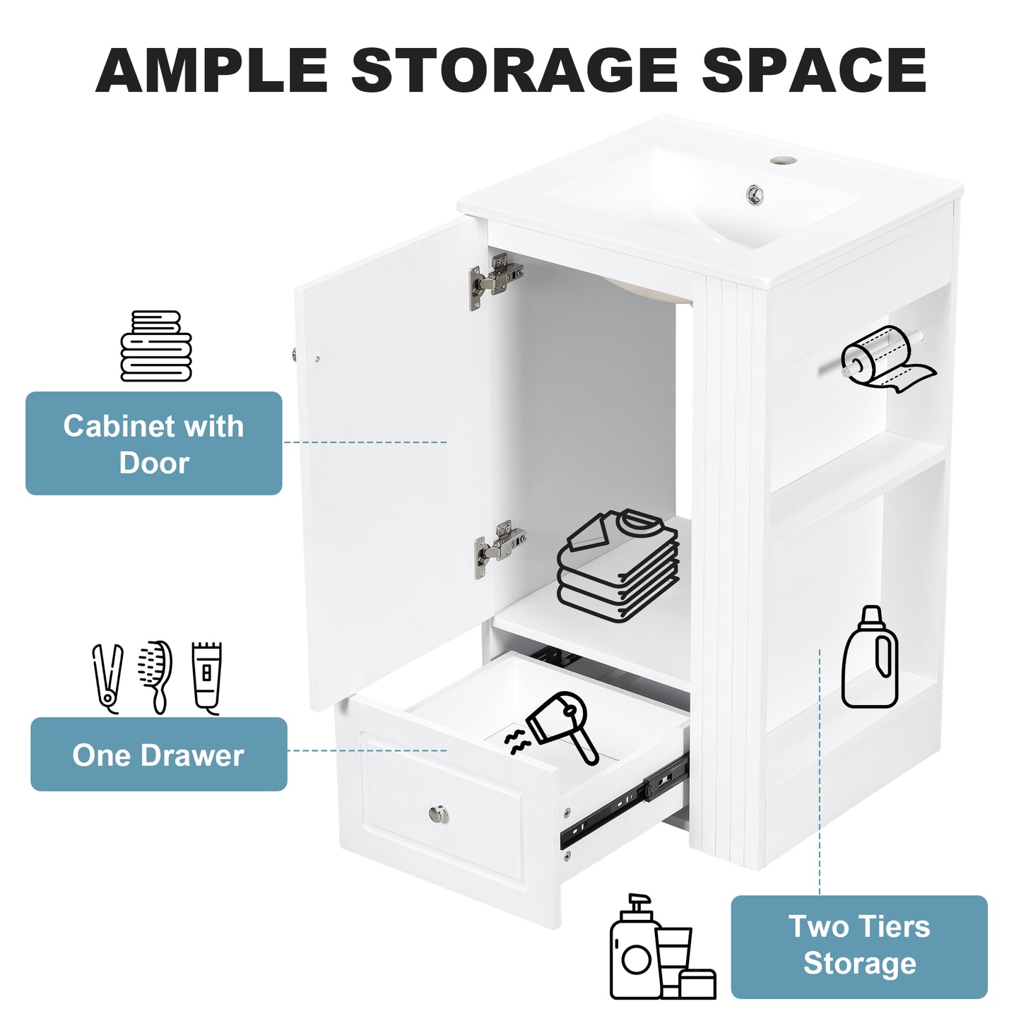 VanityFus 20-in Bathroom Vanity White Single Sink Combo with Ceramic Top 1 Door 1 Drawer