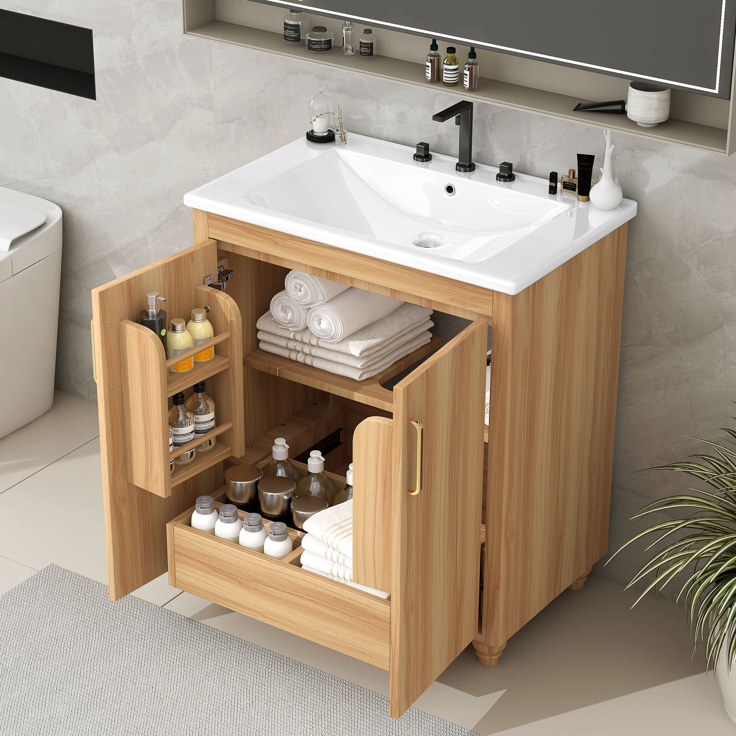 VanityFus 30-in Bathroom Vanity Wood Single Sink Combo with Ceramic Top 2 Doors 1 Drawer Adjustable Shelves