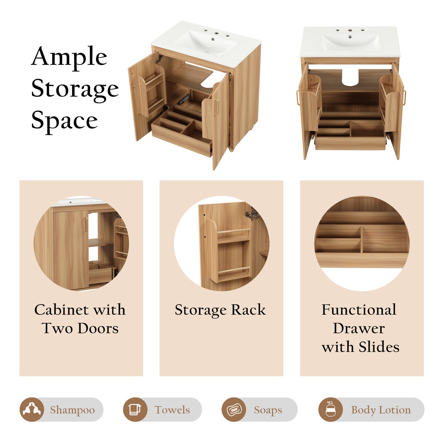 VanityFus 30-in Bathroom Vanity Wood Single Sink Combo with Ceramic Top 2 Doors 1 Drawer Adjustable Shelves