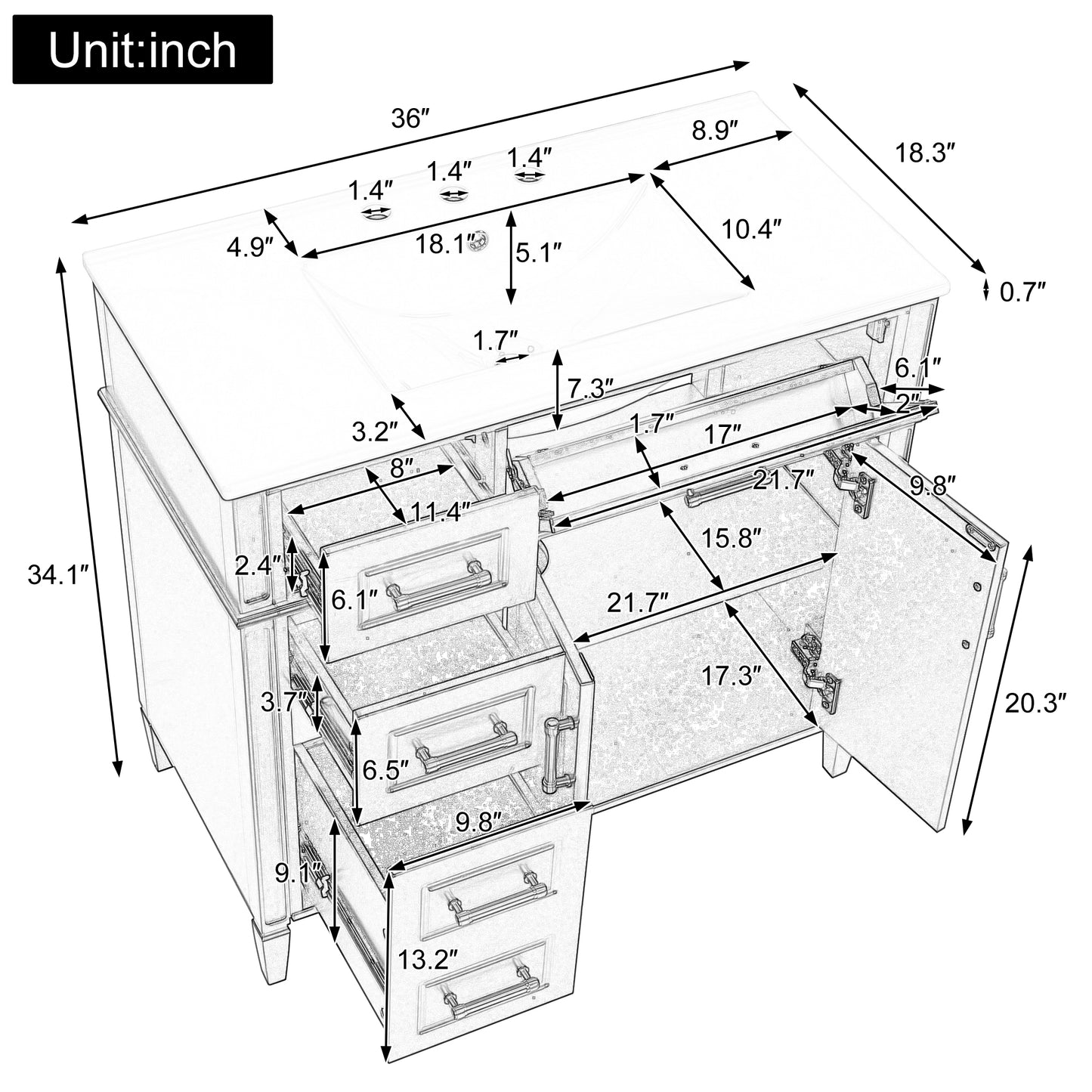 VanityFus 36-in Bathroom Vanity Black Single Sink Combo with Ceramic Top 2 Doors 4 Drawers Adjustable Shelves
