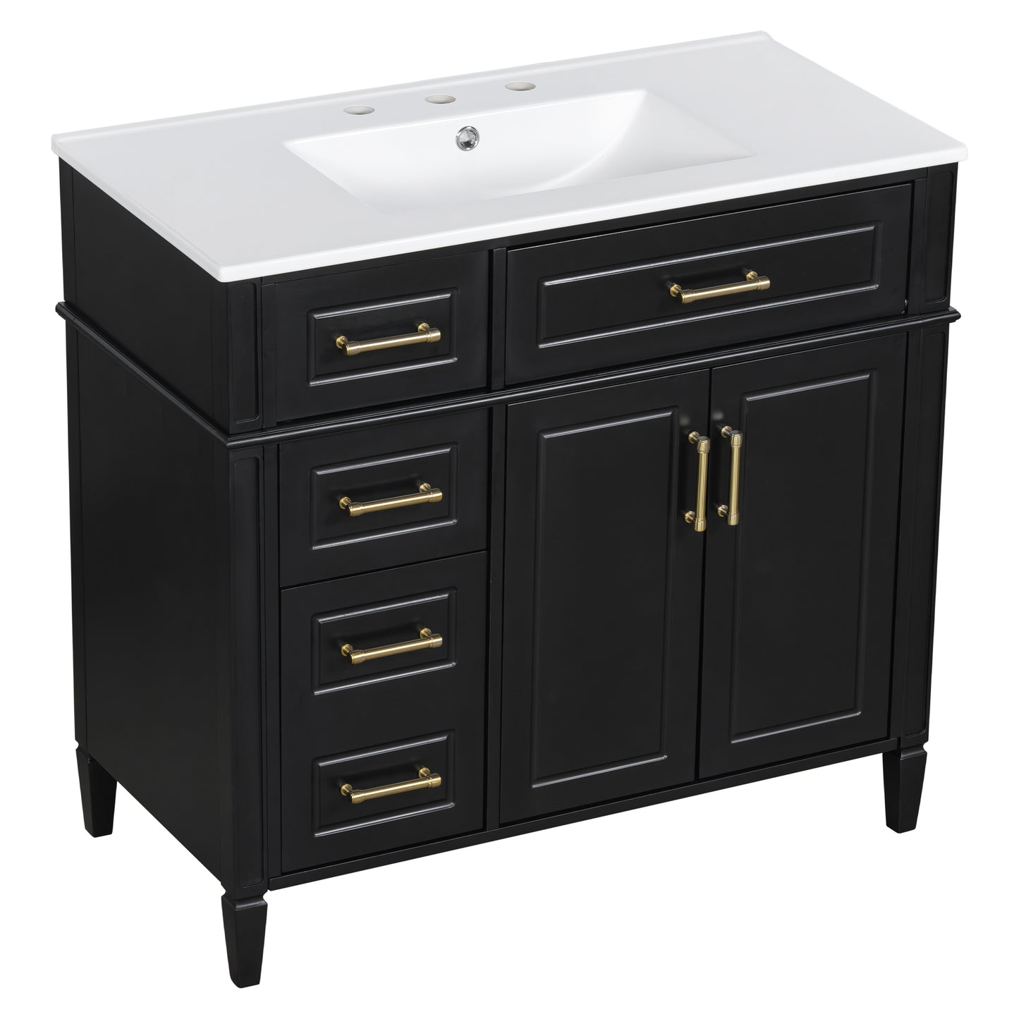 VanityFus 36-in Bathroom Vanity Black Single Sink Combo with Ceramic Top 2 Doors 4 Drawers Adjustable Shelves