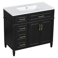 VanityFus 36-in Bathroom Vanity Black Single Sink Combo with Ceramic Top 2 Doors 4 Drawers Adjustable Shelves