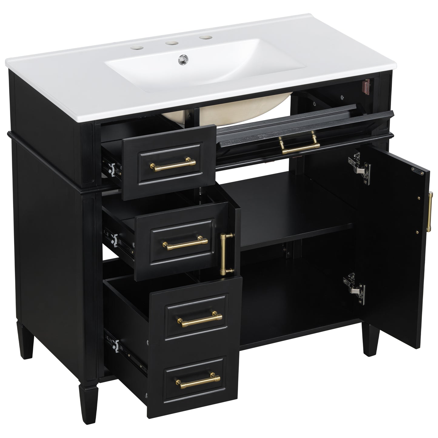 VanityFus 36-in Bathroom Vanity Black Single Sink Combo with Ceramic Top 2 Doors 4 Drawers Adjustable Shelves