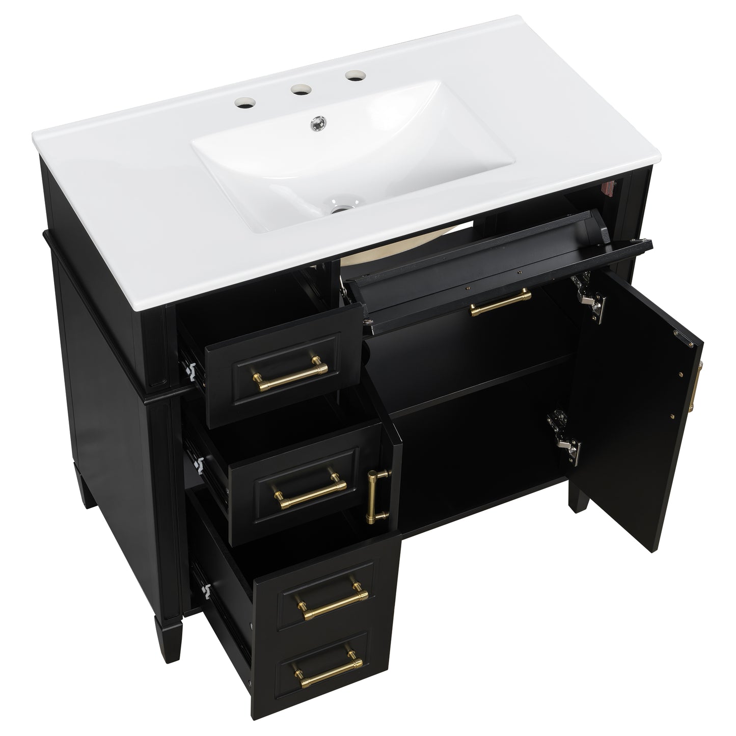 VanityFus 36-in Bathroom Vanity Black Single Sink Combo with Ceramic Top 2 Doors 4 Drawers Adjustable Shelves