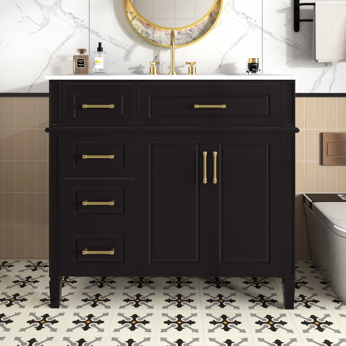 VanityFus 36-in Bathroom Vanity Black Single Sink Combo with Ceramic Top 2 Doors 4 Drawers Adjustable Shelves