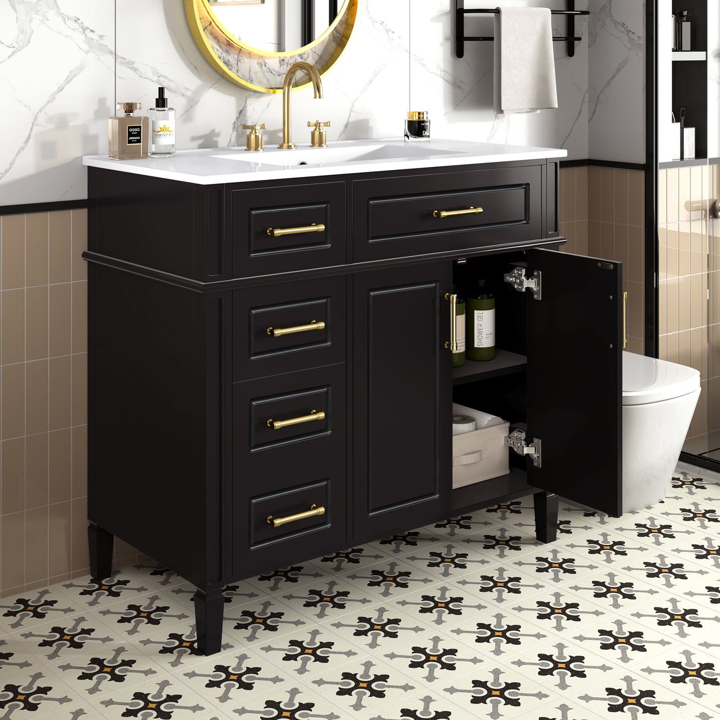 VanityFus 36-in Bathroom Vanity Black Single Sink Combo with Ceramic Top 2 Doors 4 Drawers Adjustable Shelves