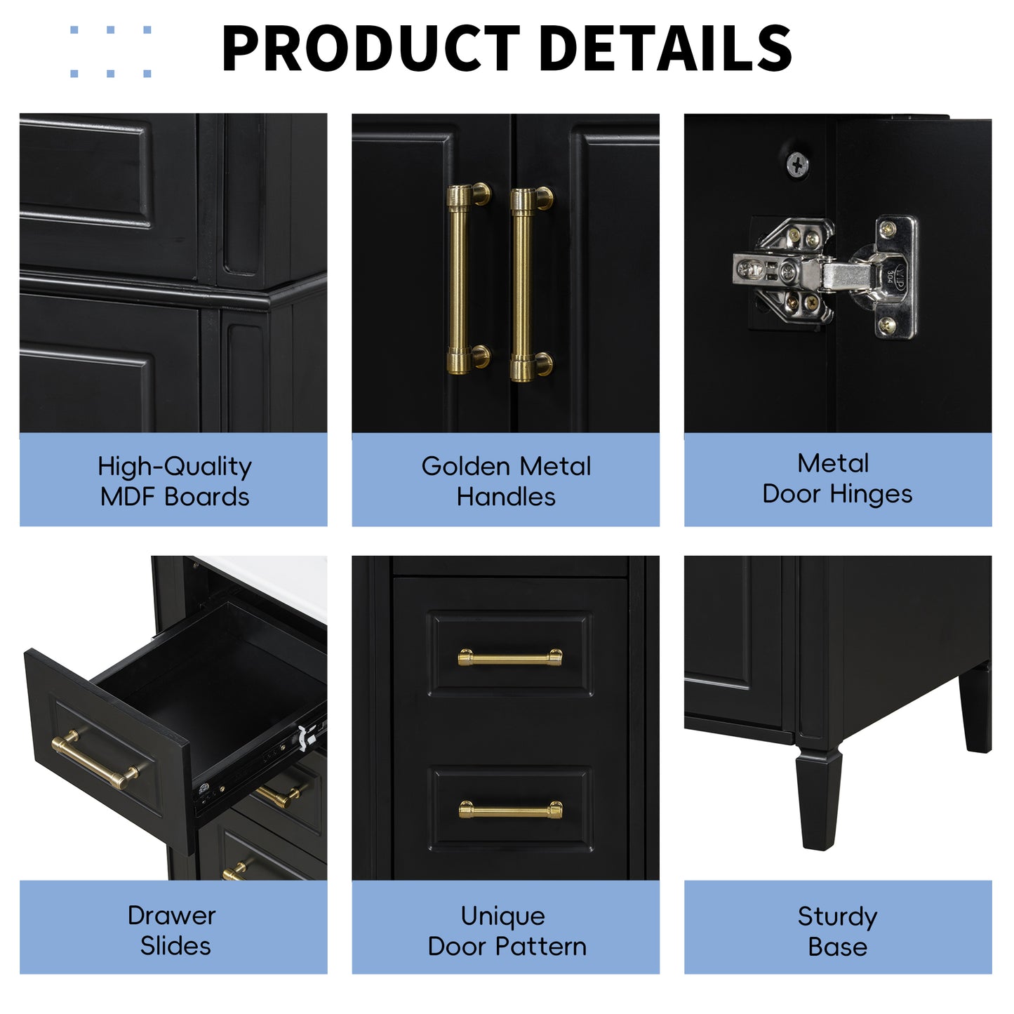 VanityFus 36-in Bathroom Vanity Black Single Sink Combo with Ceramic Top 2 Doors 4 Drawers Adjustable Shelves