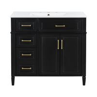 VanityFus 36-in Bathroom Vanity Black Single Sink Combo with Ceramic Top 2 Doors 4 Drawers Adjustable Shelves