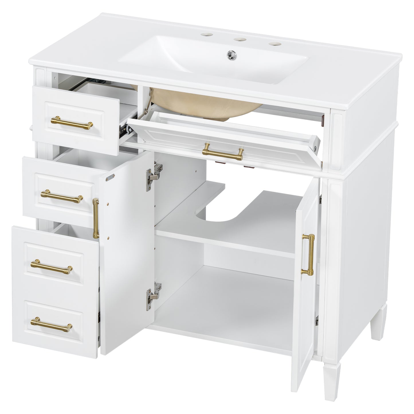 VanityFus 36-in Bathroom Vanity White Single Sink Combo with Ceramic Top 2 Doors 4 Drawers Adjustable Shelves