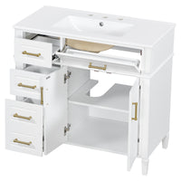 VanityFus 36-in Bathroom Vanity White Single Sink Combo with Ceramic Top 2 Doors 4 Drawers Adjustable Shelves